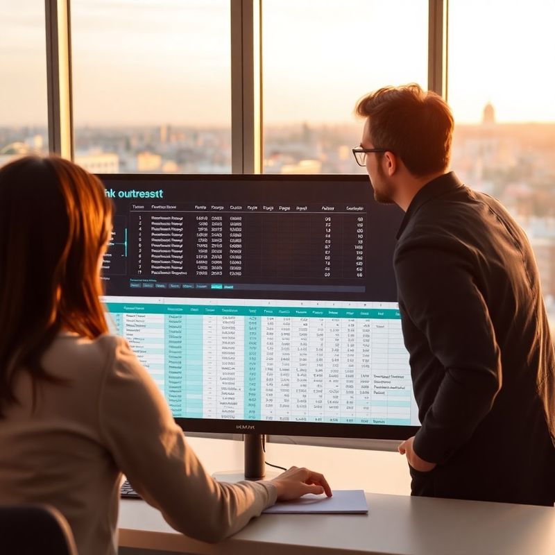 Two professionals reviewing a link outreach spreadsheet with București skyline in the background