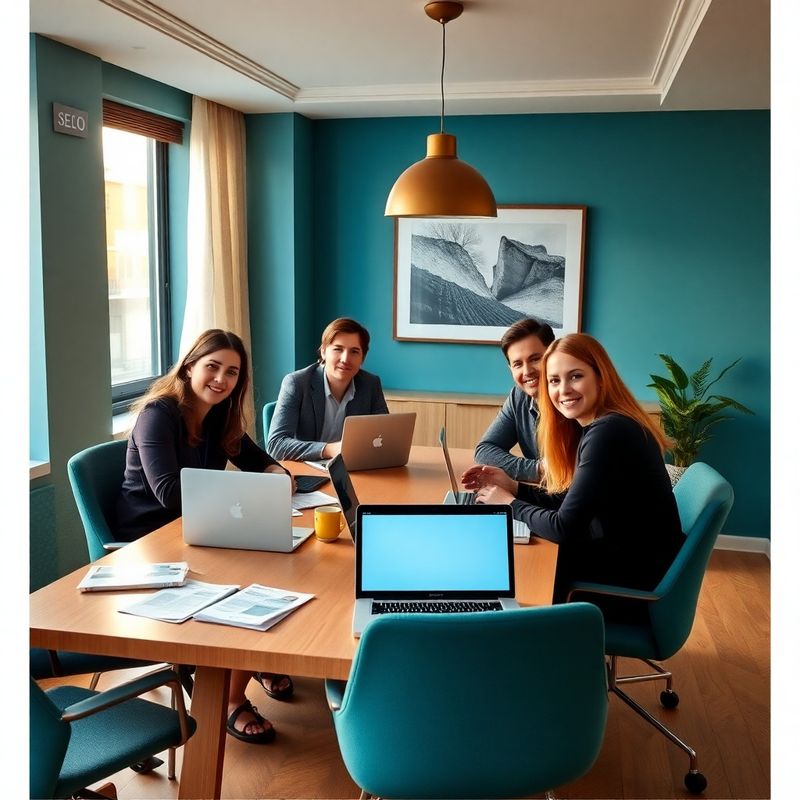 Small SEO consultancy team working around a conference table in a modern teal-accented office