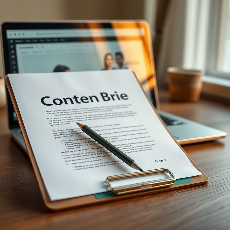 Content brief document on a teal-accented clipboard beside a laptop showing a CMS editor