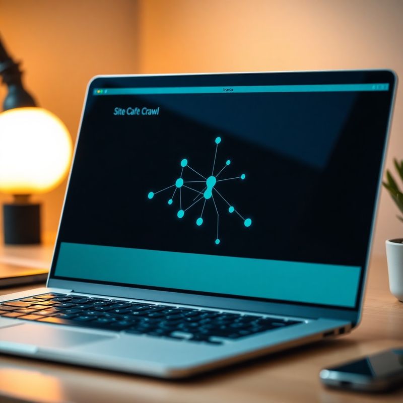 Laptop screen showing a site crawl diagram with teal node connections