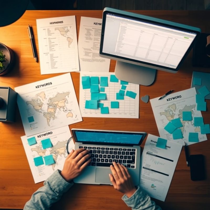 Analyst's desk with printed keyword cluster maps and search volume data